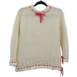Vintage 60's Sweater Tunic Wool Knobby Knit Ivory Holiday GoGo Pink‎ Ribbon S
